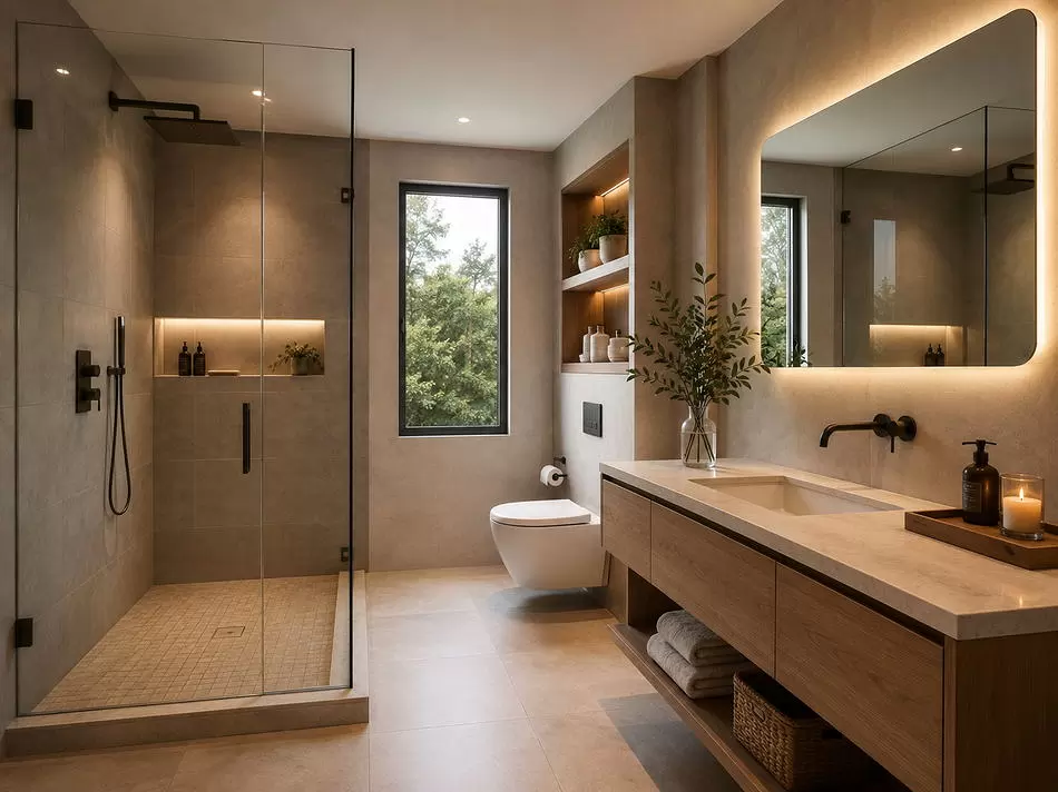 EVA Home Dekorasyon banyo tadilatı modern duş alanı lavabo dolabı ve aydınlatma uygulaması