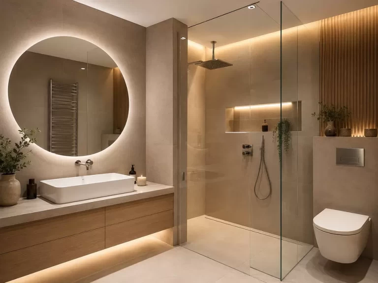 EVA Home Dekorasyon İzmir banyo tadilatı modern duş alanı lavabo dolabı ve aydınlatma uygulaması