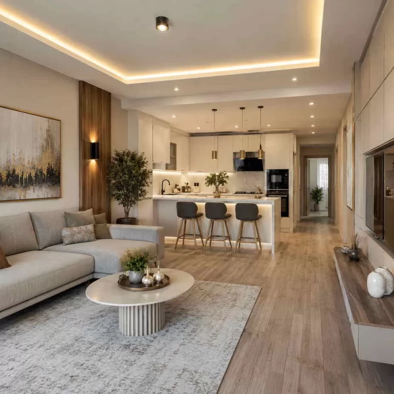 EVA Home Dekorasyon İzmir daire tadilatı modern salon ve mutfak yenileme uygulaması