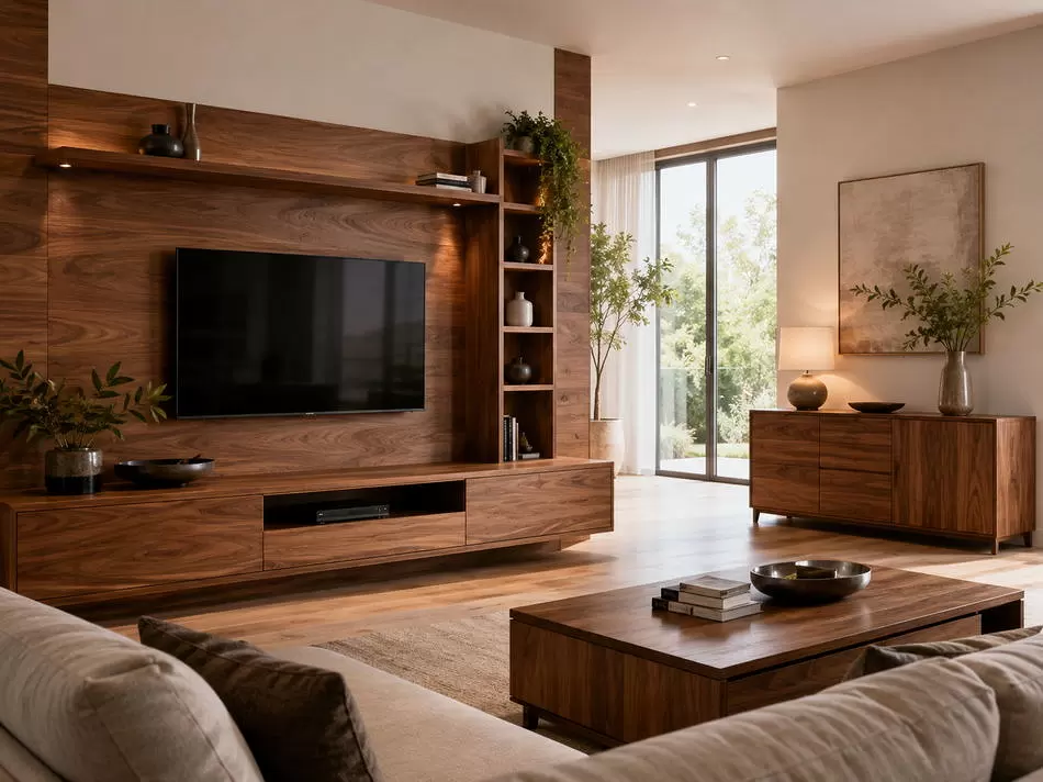 EVA Home Dekorasyon özel ahşap tasarım mobilyalar TV ünitesi raf ve konsol uygulaması